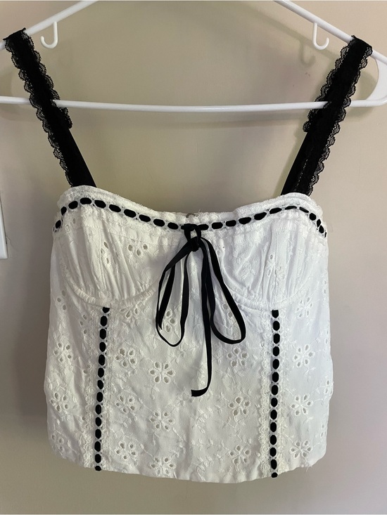 Sky To Moon Tops - White Eyelet Lace Corset Tank Top with Black Trim